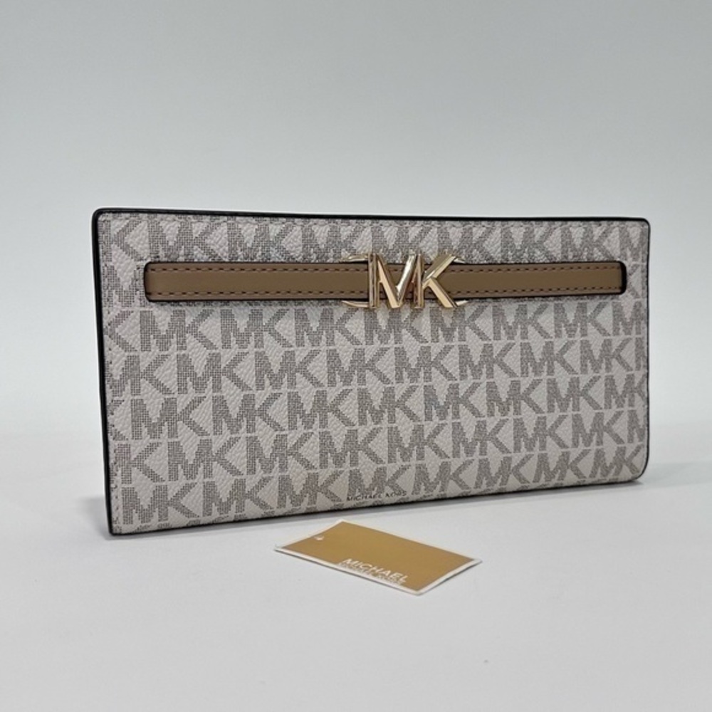 NEW MICHAEL KORS Reed Large Snap Signature Wallet in Camel Multi Vanilla